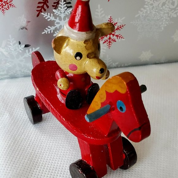 Vintage Wooden Bear Riding a Red Wooden Rolling Horse Toy Christmas Ornament - Picture 12 of 12